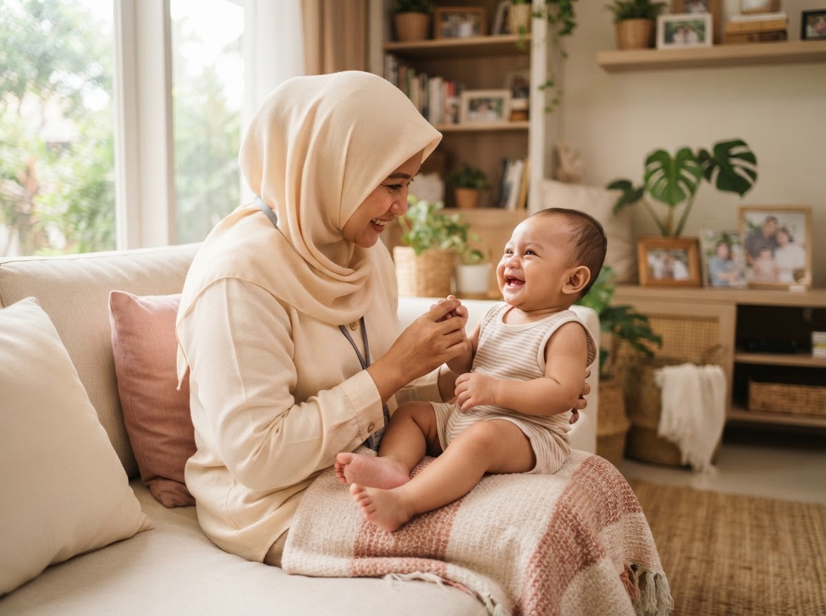 Bidan Gardenia merawat bayi saat kunjungan rumah